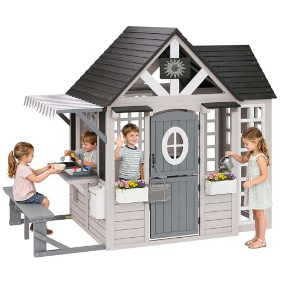 Kids Outdoor Chalkboard - 3~8세 어린이용 야외 목재 놀이집: 천연