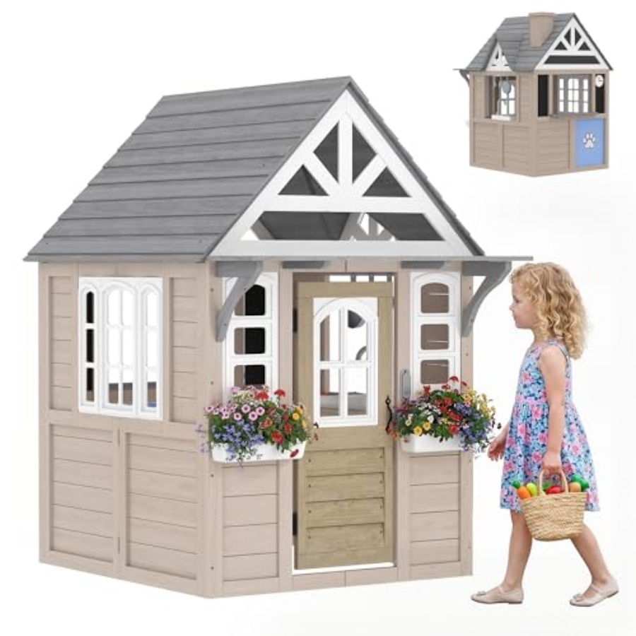 2세 이상 어린이용 야외 목재 놀이집, 회색 마감, 강 - Kids Outdoor Wooden Playhouse 리뷰 및 가격