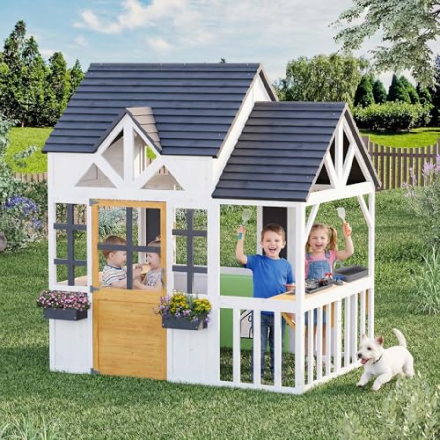 야외용 어린이 목재 놀이집 (0.56세 이상): 흑백  - Kids Outdoor Wooden Playhouse 리뷰 및 가격